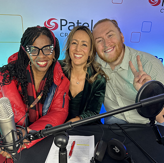 Patelco Employees Veronica Dangerfield, Michele Enriquez and Andrew Farrell at the podcast desk.