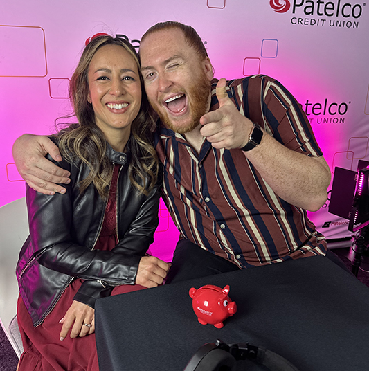 Patelco Employees Michele Enriquez and Andrew Farrell at the podcast desk.